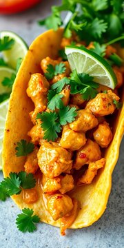 Juicy taco filled with fresh cilantro, lime wedges, and tender chicken, brown, vibrant colors