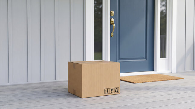 Cardboard package delivery at doorstep supports ecommerce order arrival. Logistic shipping shipment distribution. courier parcel service, client home order purchase convenience