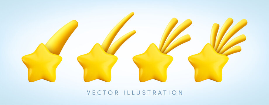 Vector cartoon 3D gold shooting star set. Realistic render yellow falling stars with curved trails. Award gold achievement collection. Abstract cosmic illustration, celebration, celestial sparkle icon