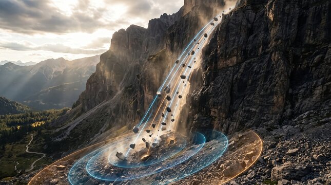 a rockfall landslide rolling down a steep mountain cliff with glowing and shockwave
