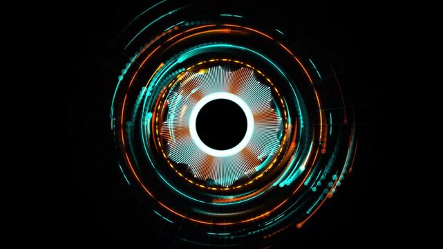 Futuristic circular audio equalizer with glowing neon cyan and orange digital interface lines