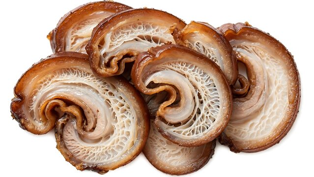 Thinly sliced smoked pig ear arranged in a pile against a clean white studio background surface