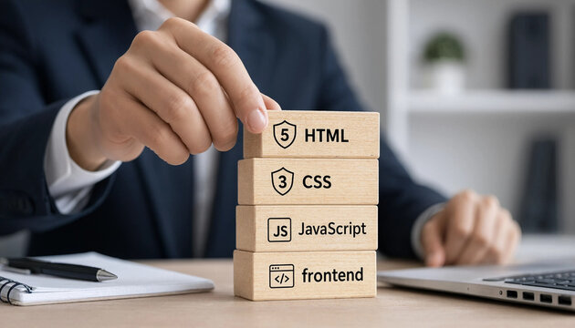 A business professional stacking wooden blocks labeled with web development programming languages like html css and javascript