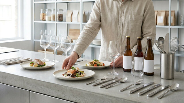 Chef servindo pratos gourmet em cozinha minimalista de alto luxo