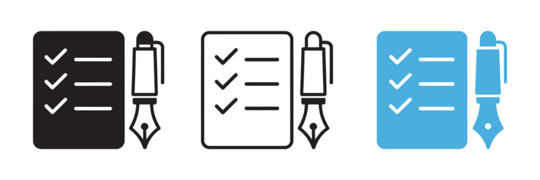 Checklist icons with pen set, business and to do list symbols isolated on white background for tasks planning organization productivity

