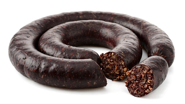 Coiled black pudding sausage isolated on a white background for culinary food photography