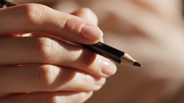 Close up view of a hand holding a sharp black pencil, ready to write or draw, soft natural light.