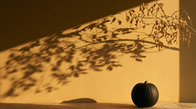 Warm Halloween background with a muted mustard-yellow wall crossed by the soft shadow of dried foliage, one dark pumpkin anchoring the bottom edge, gentle afternoon illumination