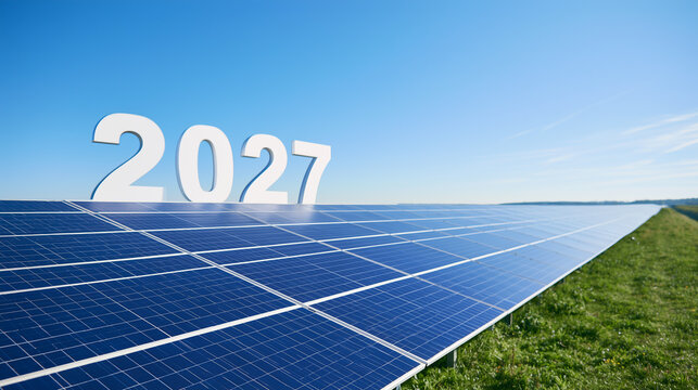 2027 solar energy concept with expansive photovoltaic farm under a clear blue sky, symbolizing clean power, energy transition and sustainable infrastructure. 
