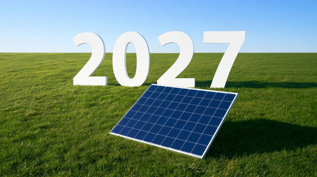 2027 concept with solar panel in a green field under a clear blue sky,renewable energy, clean power, and sustainability. 

