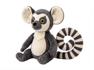 Fototapeta premium A cute plush toy ring-tailed lemur, isolated on a white background - ideal for children's product advertisements, educational materials, nursery decor, and retail visuals