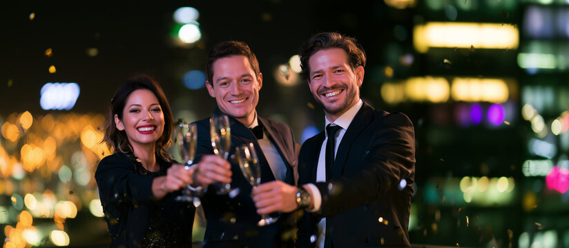 Elegant business team celebrating New Year 2027 with champagne toast toward the camera on a terrace overlooking city buildings at night.
