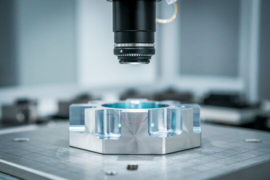 A precise macro photograph showcasing an industrial optical measurement machine analyzing the surface geometry and technical dimensions of a metallic part