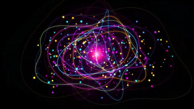 Futuristic glowing quantum atom model with colorful electron orbits spinning around a pink nucleus