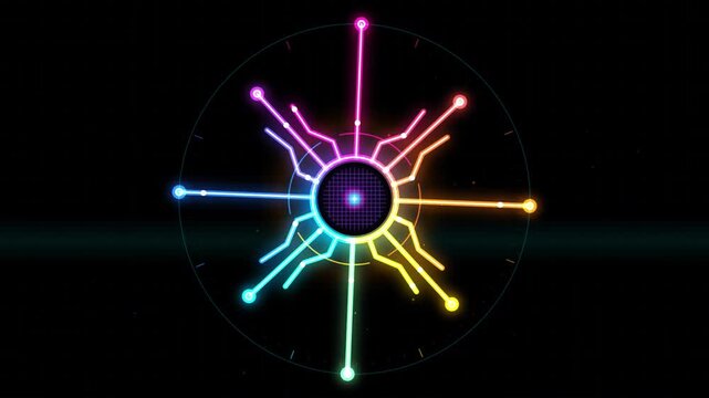 Futuristic neon HUD interface with glowing colorful radial lines animating on black background