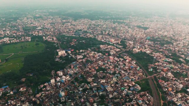 Modern Architecture in India: 4K Aerial View of the Building and City Skyline at Haze. Top down Buildings and Apartment with Multiple Building aerial.	