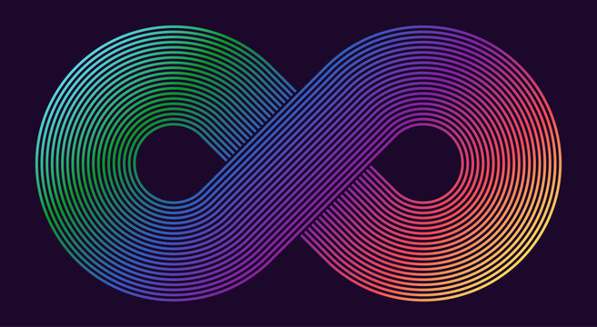 Infinity symbol made of parallel colorful gradient lines on a dark background. Vector illustration.