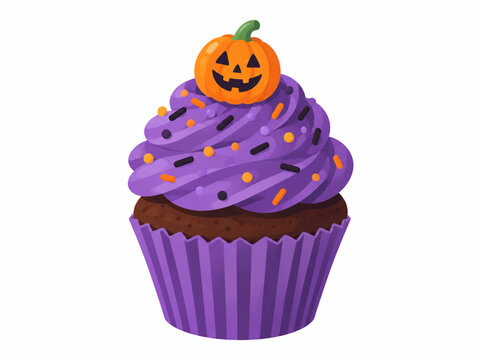 Słodkości na Halloween, pyszna babeczka z fioletowym kremem i cukierkową dynią, ilustracja flat design