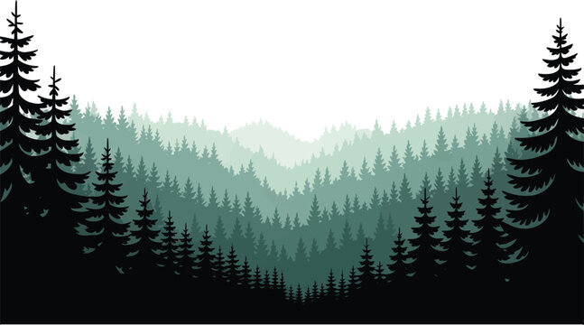 Layered misty pine forest landscape with silhouette conifer trees and distant green mountain peaks green mountains nature scenery woods vector forest background tree line