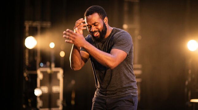 African American man performing ASL storytelling on stage with dramatic lighting