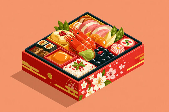 Traditional Japanese New Year Osechi-ryori Bento Box Illustration