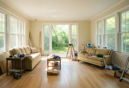 Home renovation and interior remodeling, living room under construction with furniture and tools during house improvement project in a bright sunlit space