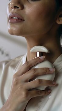 Vertical video: Lifting perfume bottle, woman smelling then applying to neck at vanity in silk robe