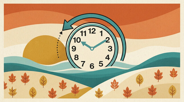 Daylight saving time concept with a clock moving backwards over a stylized autumn landscape