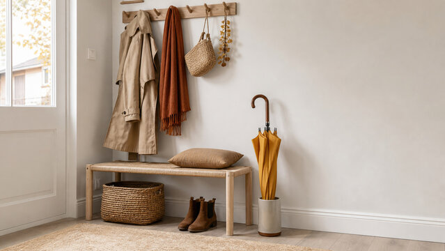 Cozy neutral entryway with wooden bench, wall hooks, coats, woven basket, boots, pillow and a yellow umbrella in a warm minimalist foyer
