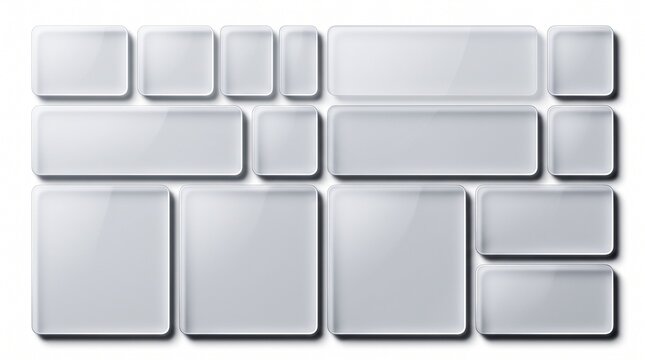 Set of blank glossy glass buttons with rounded corners and shadows.