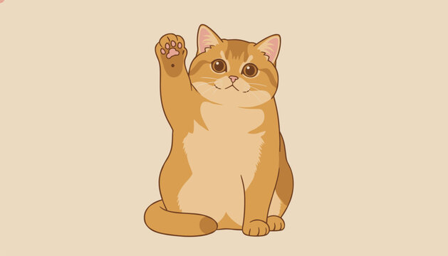 Fluffy orange tabby cat sits calmly with its right paw raised in a cute waving gesture against a solid light beige background in studio style.