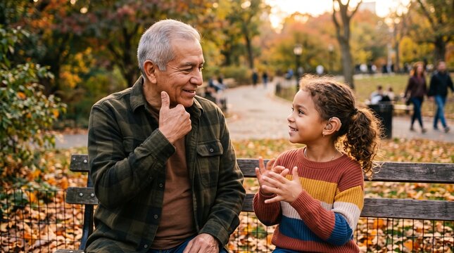 A grandfather shares a moment with his granddaughter as they sit on a park bench in the autumn season