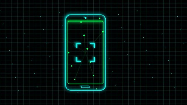 Glowing neon mobile phone HUD scanner animation with green digital nodes on a futuristic grid