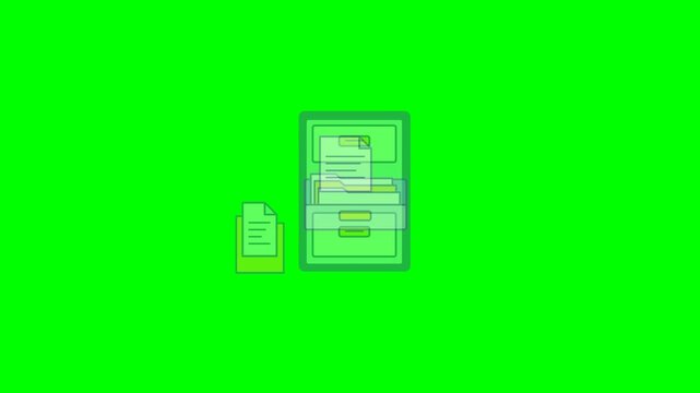 A filing cabinet opens a drawer, a document drops into its folder dividers and a spare folder slides beside the cabinet. The composition enters and exits on a pure green chroma key background.