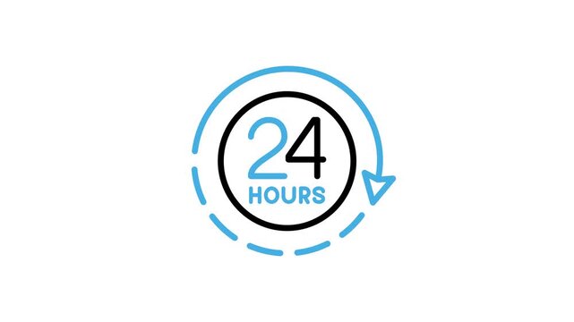 Animated 24 hour all day icon. Rotation arrow with time clock animation video for customer service, help, technical support, assistance, operator, call center. Motion graphics with alpha channel
