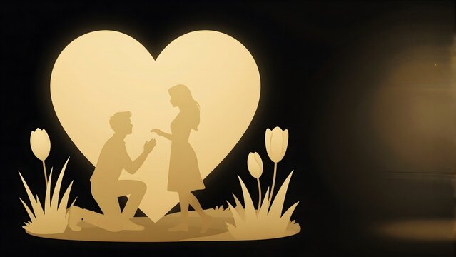 Kneeling man proposing marriage to his beautiful girlfriend with a sparkling engagement ring in front of a glowing golden heart symbol while surrounded by elegant 