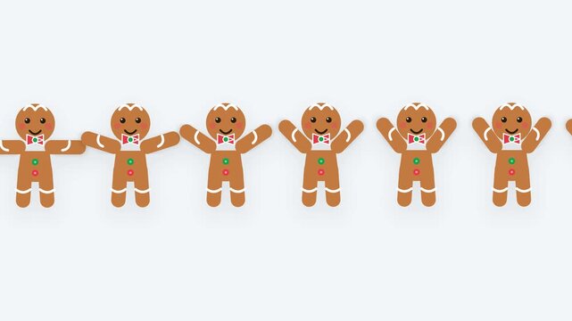 Set of Cute Gingerbread Men Characters Arranged in a Row Featuring Different Waving Arm Poses for Christmas Holiday Season Decorative Design