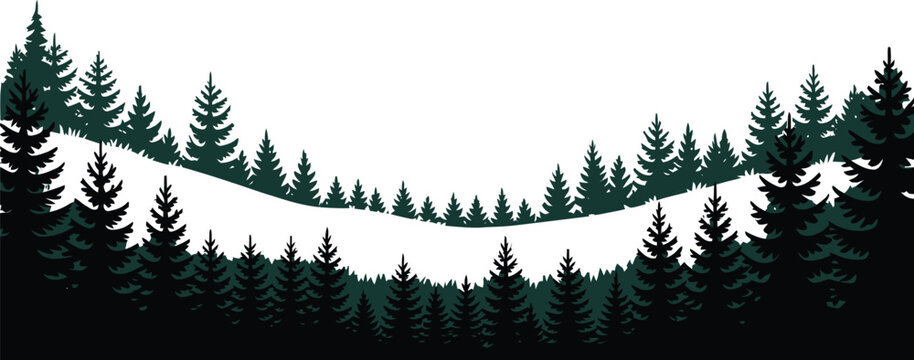 Panoramic landscape illustration of dark coniferous forest silhouette with silhouette coniferous landscape evergreen background woodland wilderness illustration panoramic