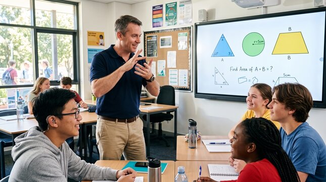 Teacher communicating in sign language with diverse high school students during an inclusive geometry math lesson in classroom