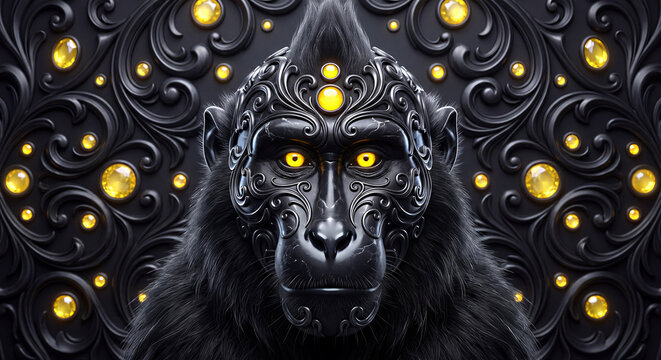 Close-up of black-furred Celebes Crested Macaque primate wearing ornate filigree mask with yellow gems and glowing eyes against dark jeweled swirls