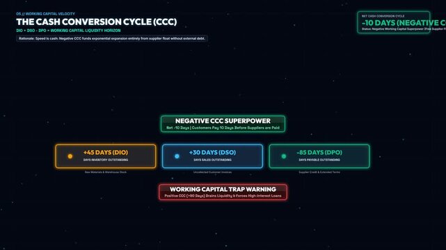 Business Financial Motion Graphic Explaining Cash Conversion Cycle Concept with Accounts Receivable Inventory and Payable Metrics for Corporate Management Accounting and Financial Analysis