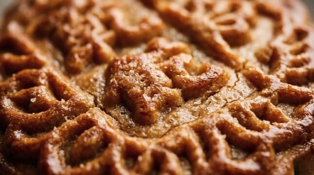 Close-up macro shot of a golden-brown traditional mooncake featuring an intricate embossed pattern and a delicate sugar glaze on its surface.