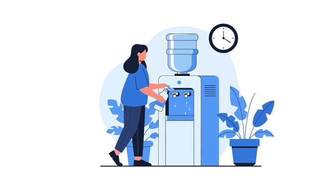 Flat Vector Illustration of a Woman Filling a Reusable Bottle at an Office Water Cooler Dispenser