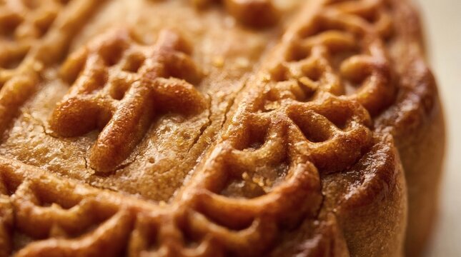 Close-up of Traditional Baked Mooncake with Intricate Pattern for Mid-Autumn Festival