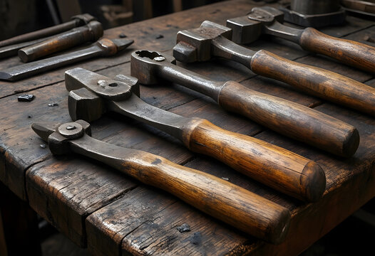 Craftsmanship and traditional manufacturing, vintage blacksmith tools and iron hammers arranged on a rustic wooden workbench in a metal workshop