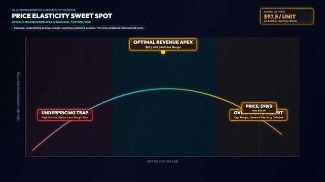 Dynamic 3D Animation of a Financial Data Graph Showing Price Elasticity and Revenue Sweet Spot, Professional Economic Supply and Demand Curve for Business Growth and Profit Optimization Strategy