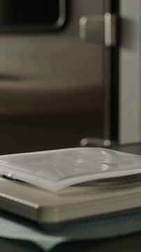 Vertical video: Releasing stacked die lifting flexible pouch for inspection on production line