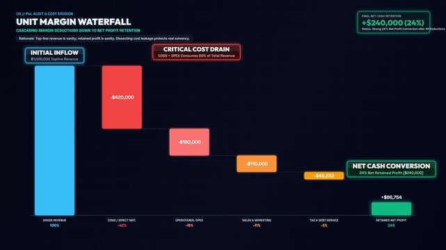 Financial Data Visualization of a Margin Waterfall Chart Showing Revenue Breakdown Expenses and Net Profit Growth with Animated Bars for Business Analysis and Professional Accounting Reports