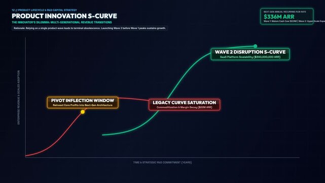 Abstract 3D Animation of a Financial Innovation S-Curve Graph Representing Product Lifecycle Stages from Initial Entry to Rapid Market Growth and Maturity for Business Strategy and Analysis