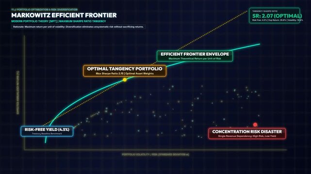Professional Financial Animation of the Markowitz Efficient Frontier Graph Illustrating Modern Portfolio Theory and Optimal Investment Strategies Balancing Risk and Expected Return for Wealth